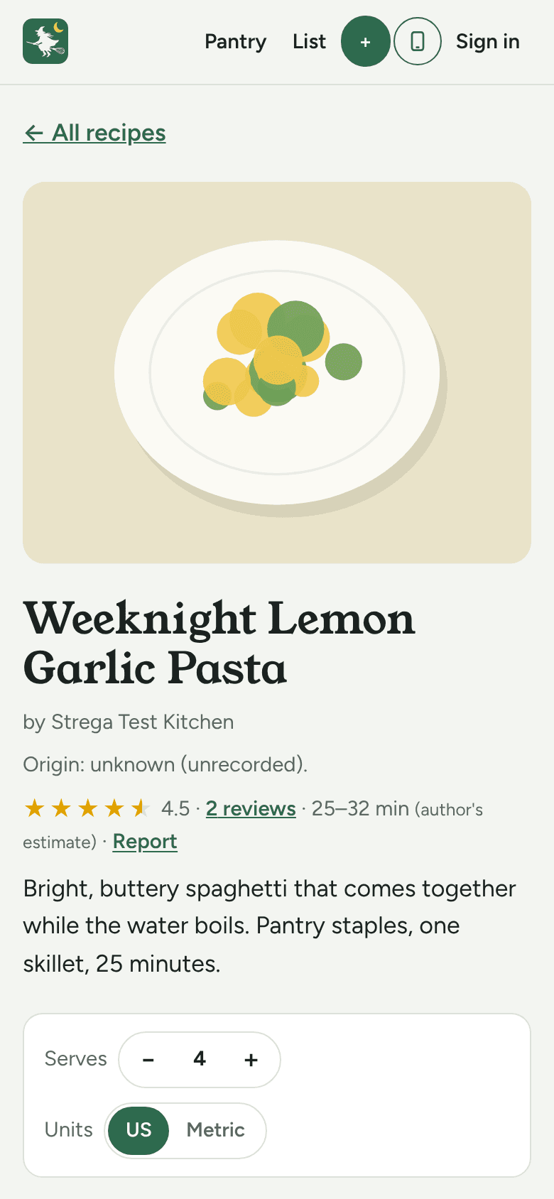 A Strega recipe on a phone: the dish, the time it takes, servings and the ingredients